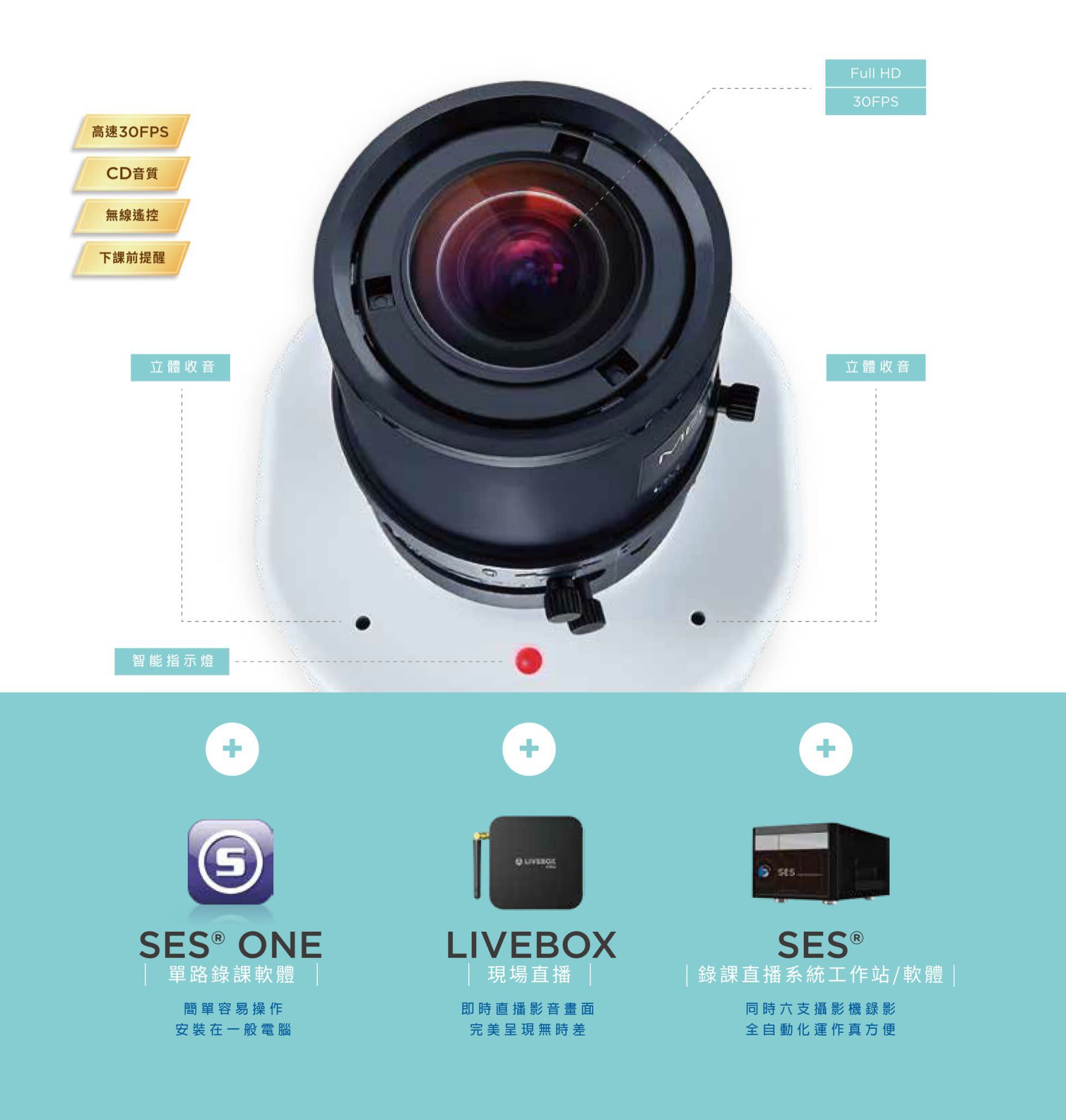 iCam PRO 超高畫質數位攝影機支援 Full HD 畫質與 30FPS 高速錄影,具備立體收音、智慧指示燈、CD 級音質與無線遙控啟錄功能,能與 SES One 錄課軟體、Livebox 即時直播與 SES 多機錄製系統無縫整合,是教育機構實現課程拍攝、自動錄影與現場直播的最佳教學影像設備。