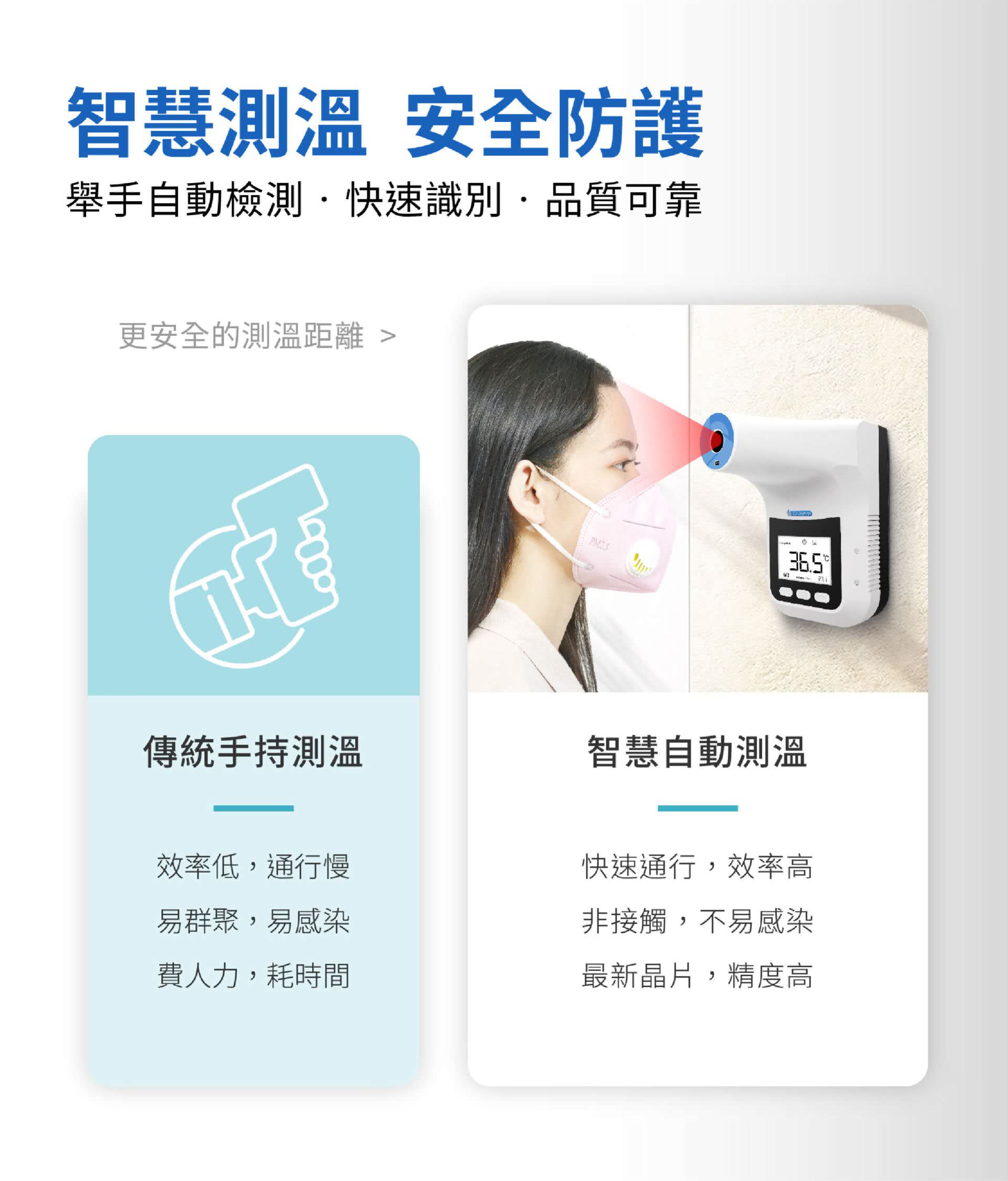 BE-4302安心量智慧測溫，安全防護。舉手自動檢測，快速識別，品質可靠。